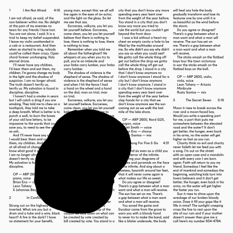 Das Albumcover mit dem Tintenkleks: Owen Pallett druckt spaltenweise im Hintergrund die Lyrics des neuen Albums "In Conflict" ab. 